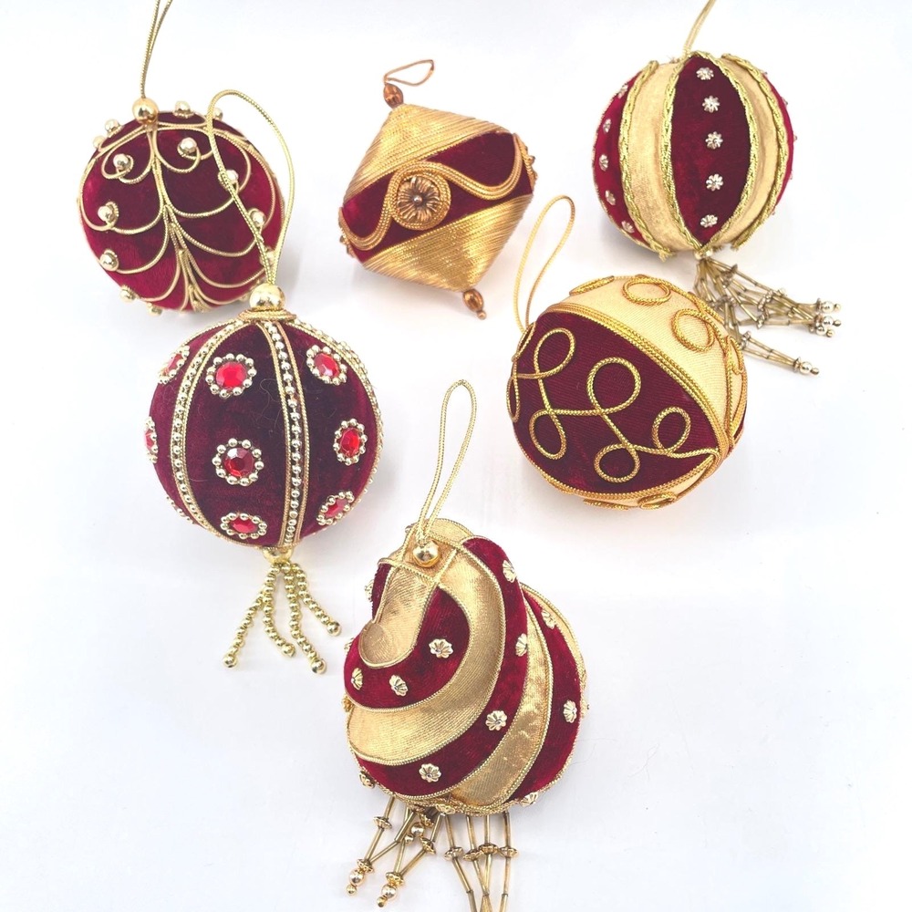 Burgandy Velvet Gold Beaded Cording Christmas Tree Ornaments x6 Victorian Look